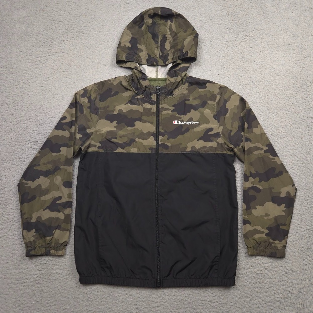 Champion Youth Camo Windbreaker Jacket Hooded Colorblock Streetwear Black Green